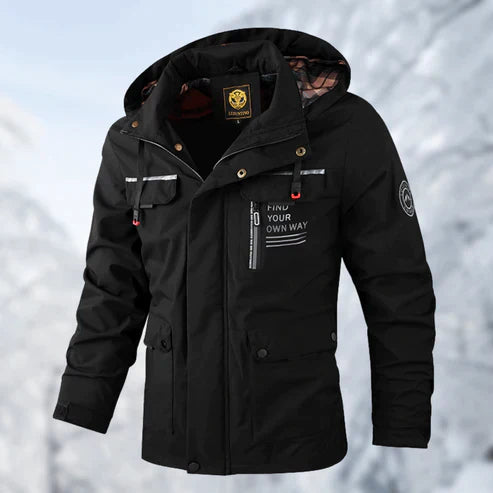 Men's Hooded Outdoor Jacket Carver in Black – front view