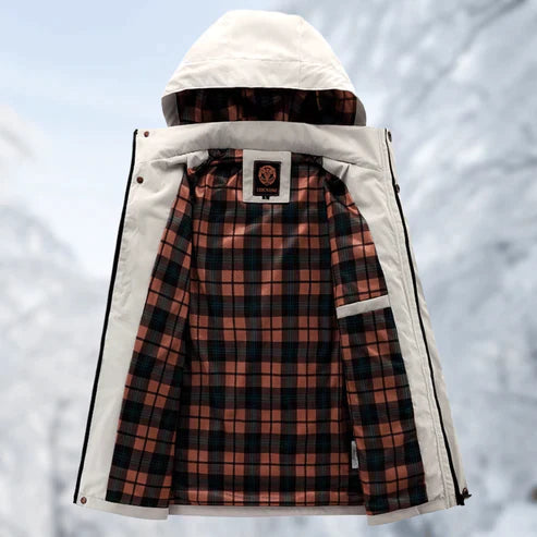 Men's Hooded Outdoor Jacket Carver in White – open view showing check lining