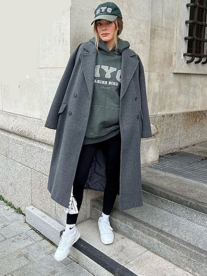 Women's double breasted coat Olwen in Grey – full-length outfit view