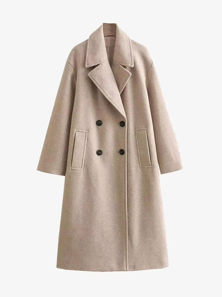 Women's double breasted coat Olwen in Beige – front flat lay