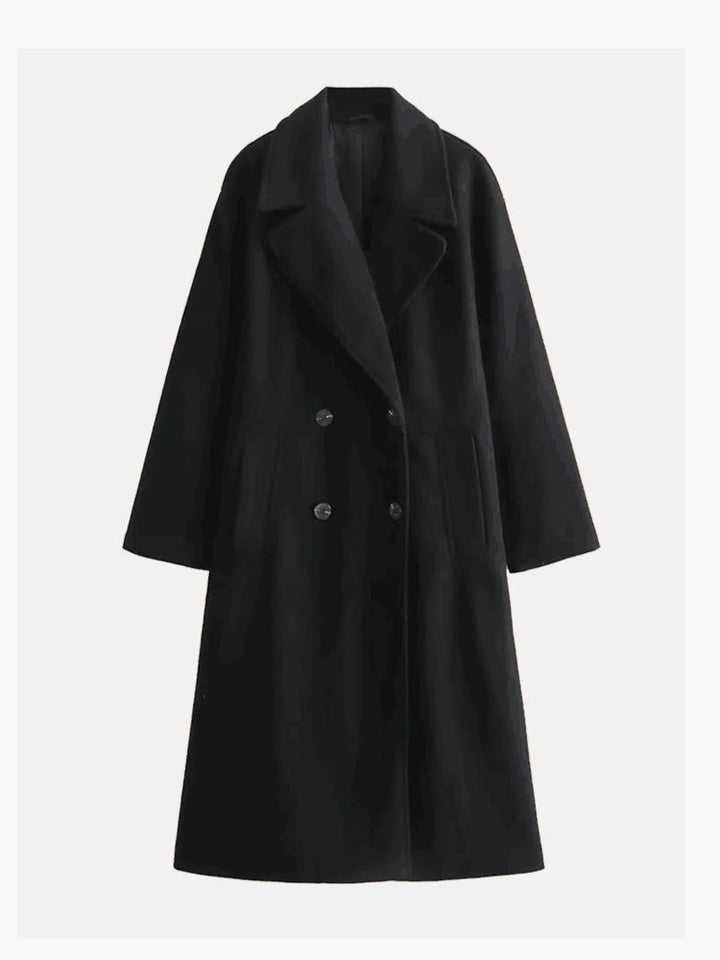 Women's double breasted coat Olwen in Black – front flat lay