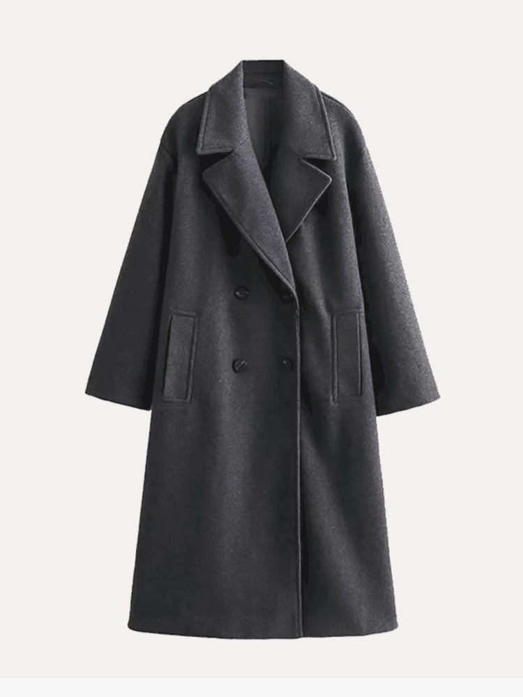 Women's double breasted coat Olwen in Grey – front flat lay
