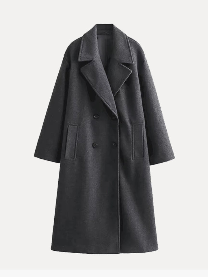 Women's double breasted coat Olwen in Grey – front flat lay