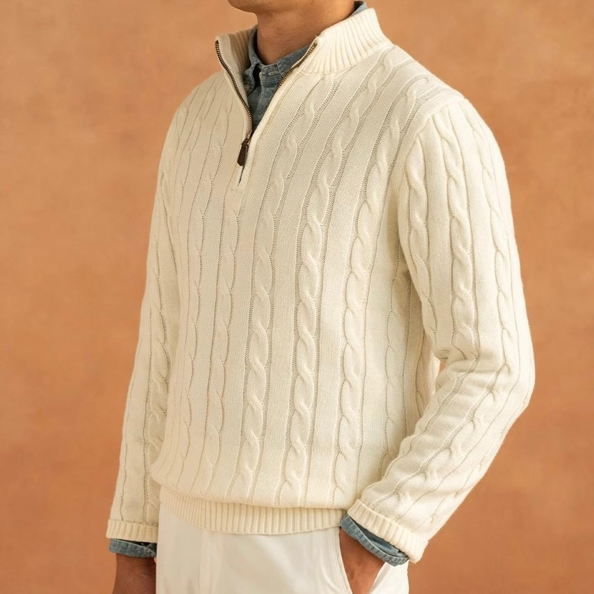 Men's Cable Knit Quarter Zip Jumper – Axiom in Cream, side view