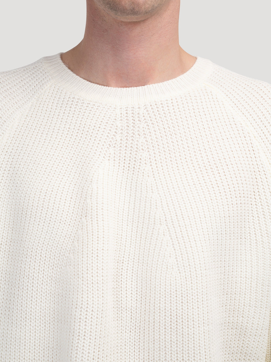 Men's Chunky Ribbed Crew Neck Jumper – Viktor in Off-White, crew neck close-up