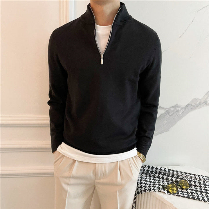 Men's fine knit quarter zip jumper in black – Oberon – front view with stone trousers