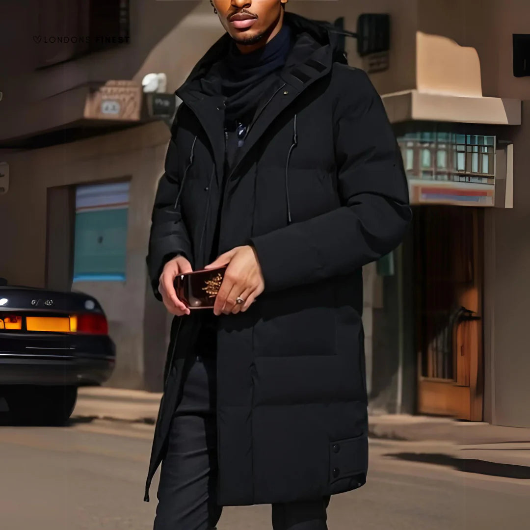 Men's Long Hooded Puffer Coat Darren in Black – street-style front view