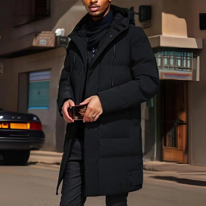 Men's Long Hooded Puffer Coat Darren in Black – street-style front view