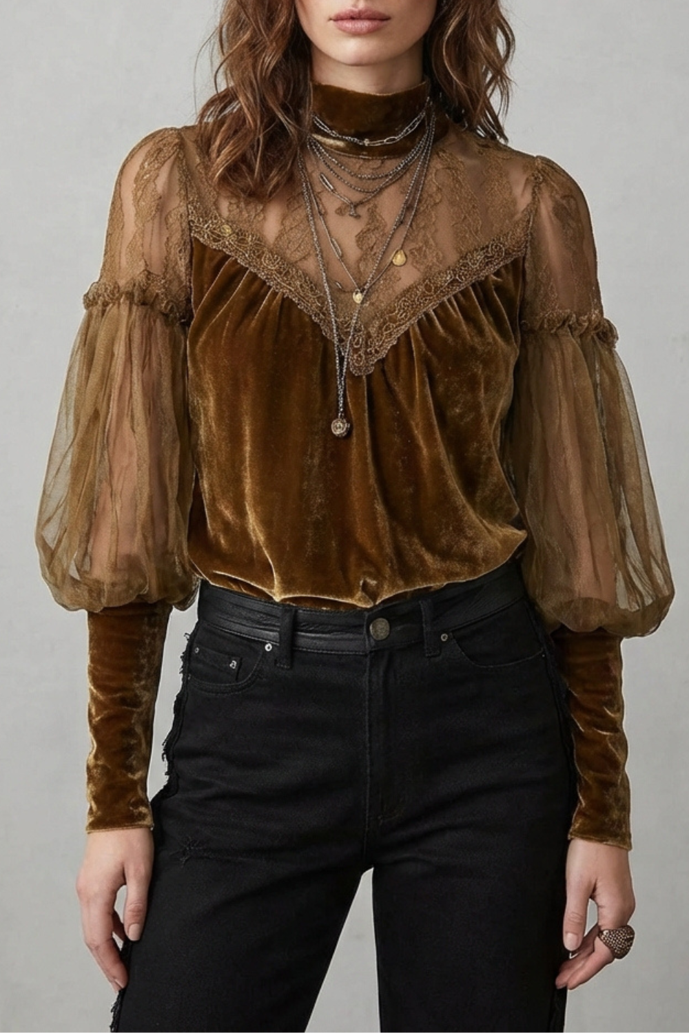 Women's Velvet Turtleneck Blouse with Mesh Sleeves - Solandre