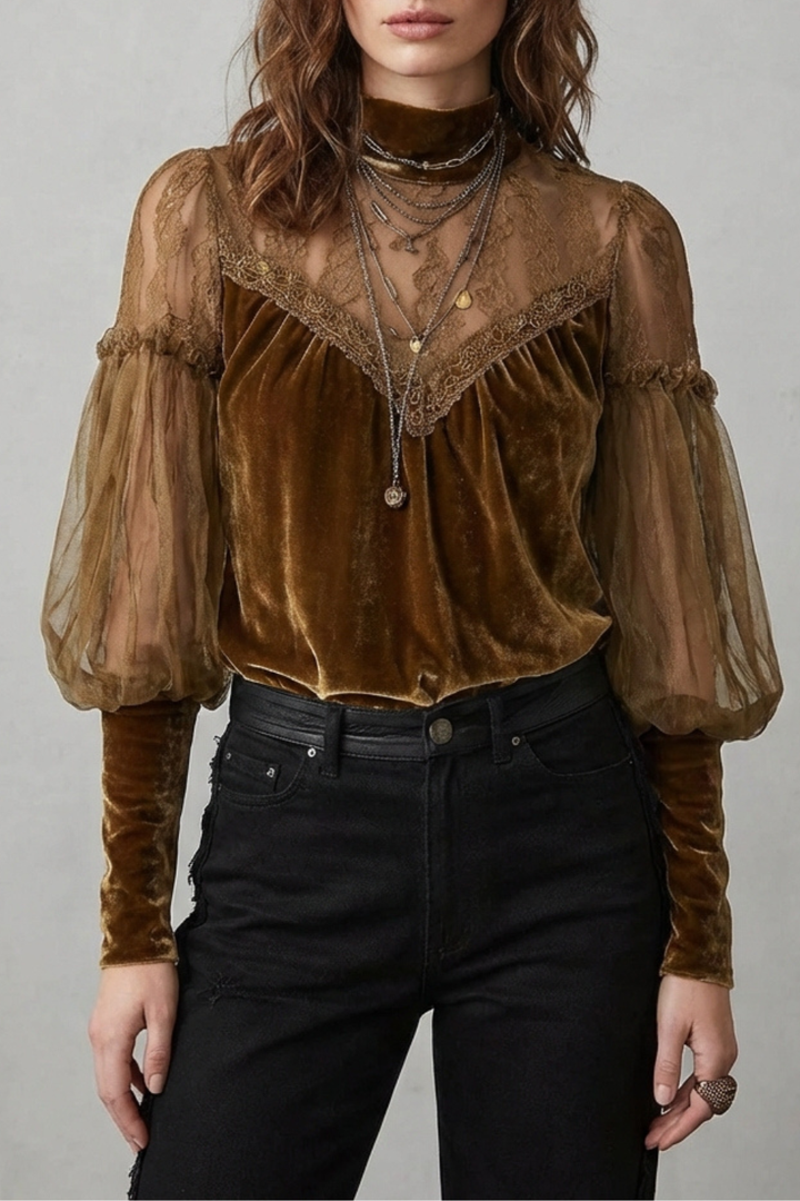 Women's Velvet Turtleneck Blouse with Mesh Sleeves - Solandre