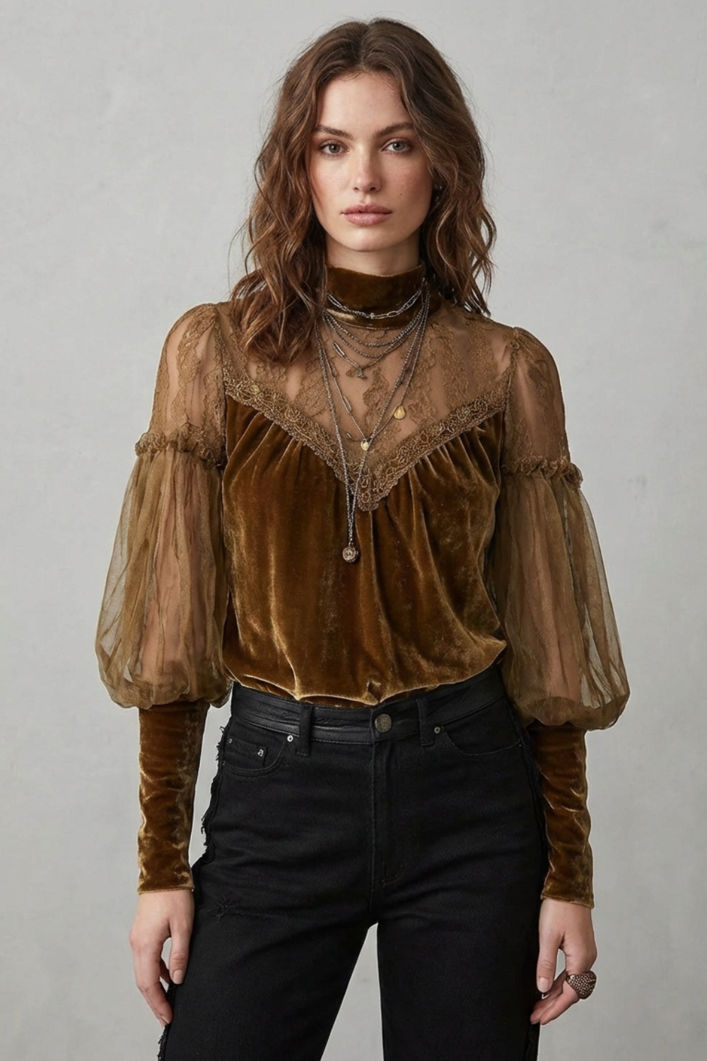Women's Velvet Turtleneck Blouse with Mesh Sleeves - Solandre