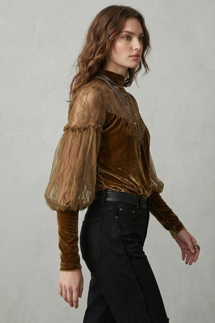Women's Velvet Turtleneck Blouse with Mesh Sleeves - Solandre