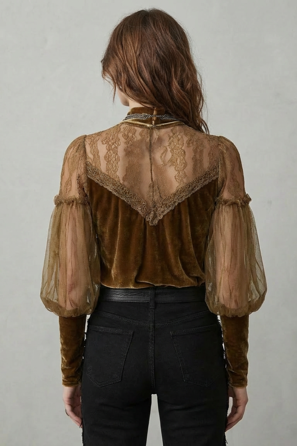 Women's Velvet Turtleneck Blouse with Mesh Sleeves - Solandre