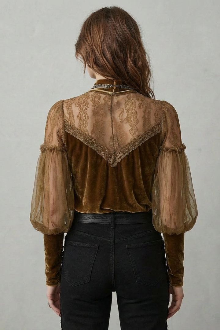 Women's Velvet Turtleneck Blouse with Mesh Sleeves - Solandre