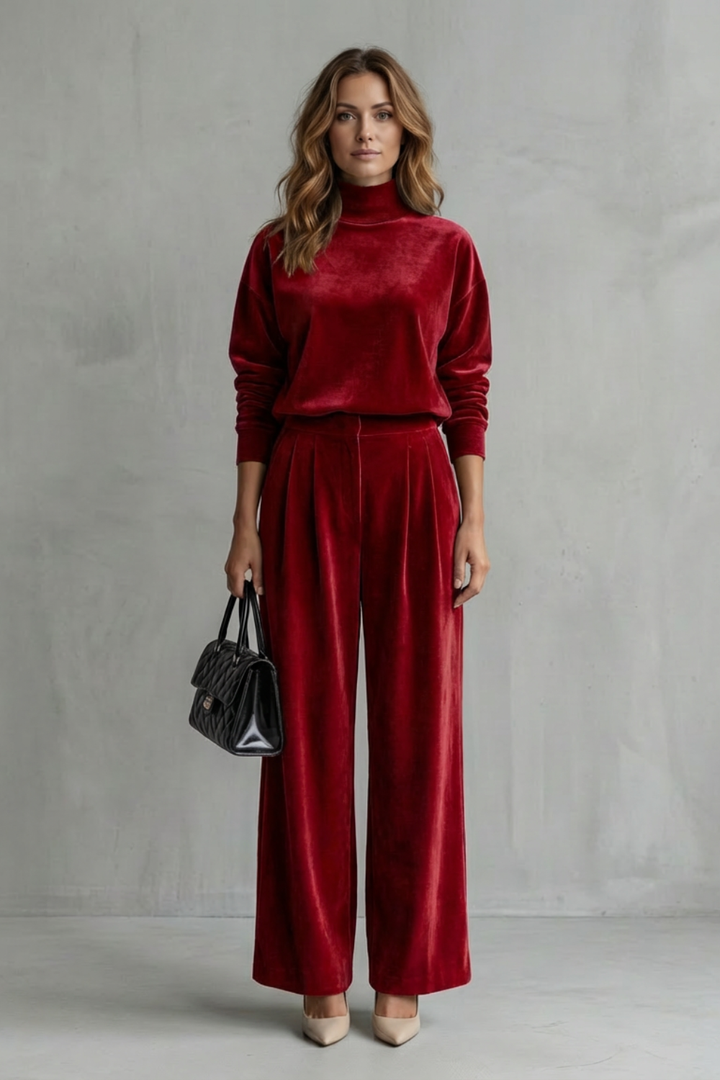Women's Velour High Neck Top and Trouser Co-ord Set - Fresienne