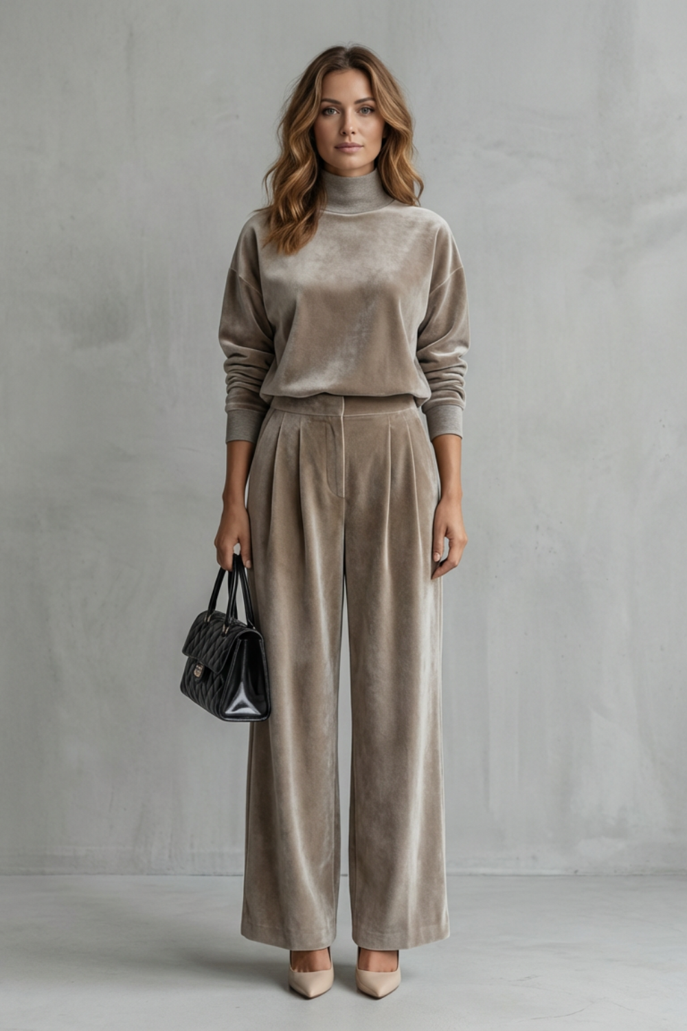 Women's Velour High Neck Top and Trouser Co-ord Set - Fresienne