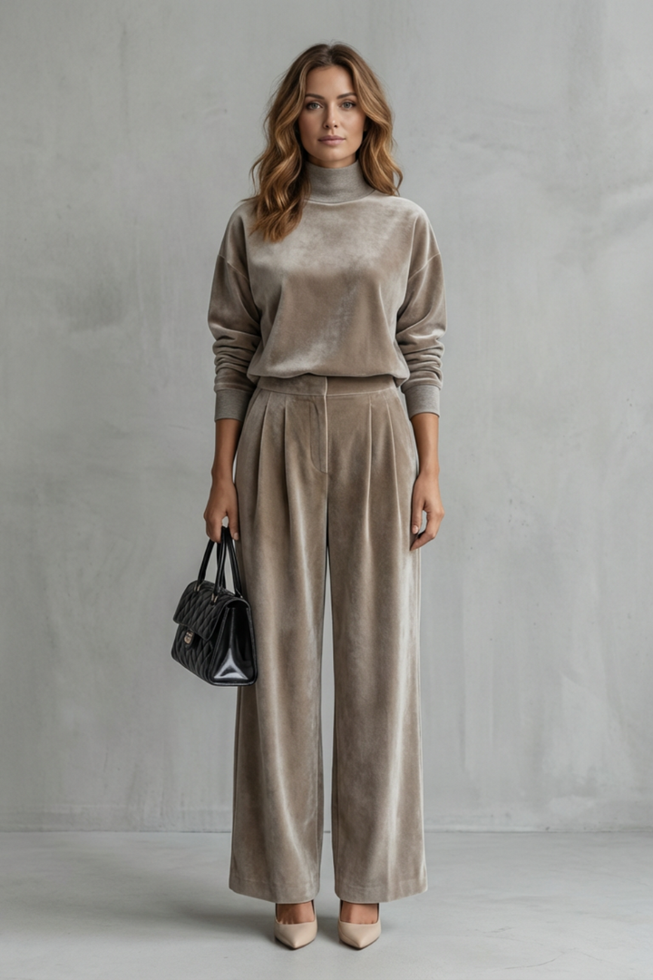 Women's Velour High Neck Top and Trouser Co-ord Set - Fresienne