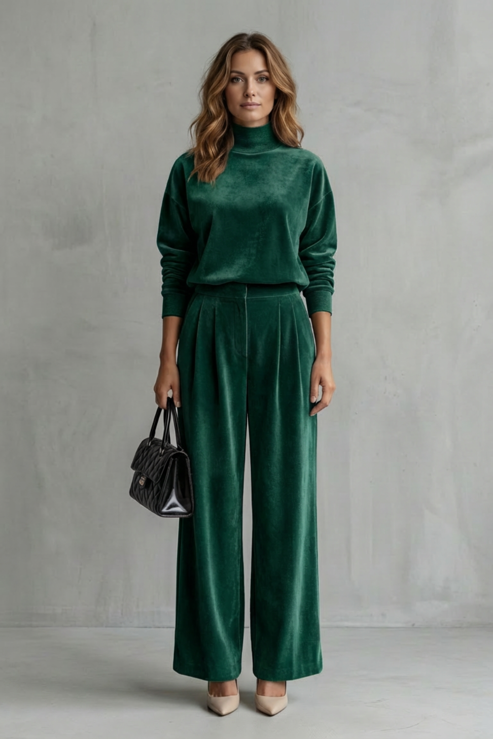 Women's Velour High Neck Top and Trouser Co-ord Set - Fresienne