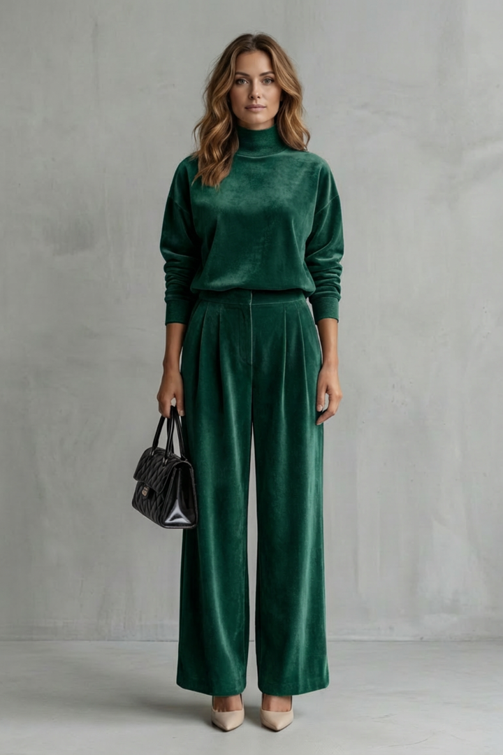 Women's Velour High Neck Top and Trouser Co-ord Set - Fresienne