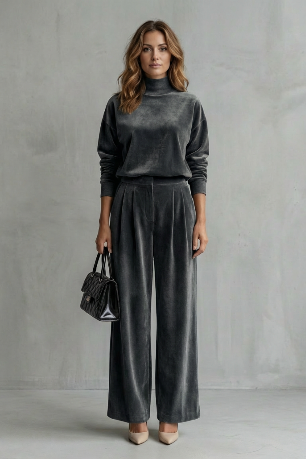 Women's Velour High Neck Top and Trouser Co-ord Set - Fresienne