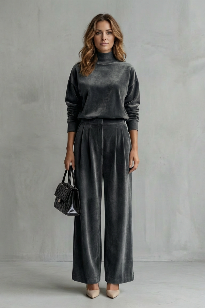 Women's Velour High Neck Top and Trouser Co-ord Set - Fresienne