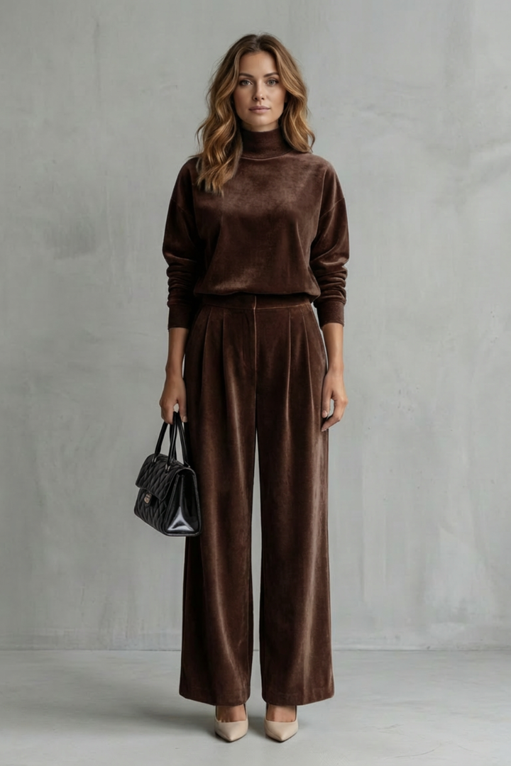 Women's Velour High Neck Top and Trouser Co-ord Set - Fresienne