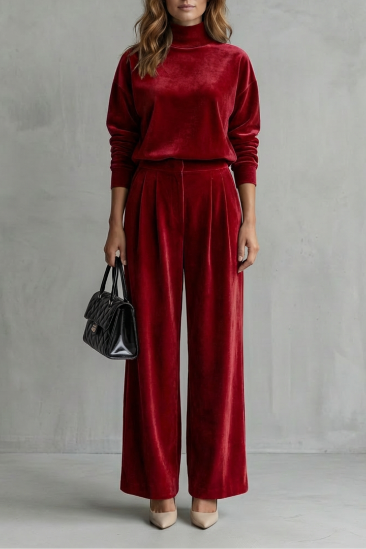 Women's Velour High Neck Top and Trouser Co-ord Set - Fresienne