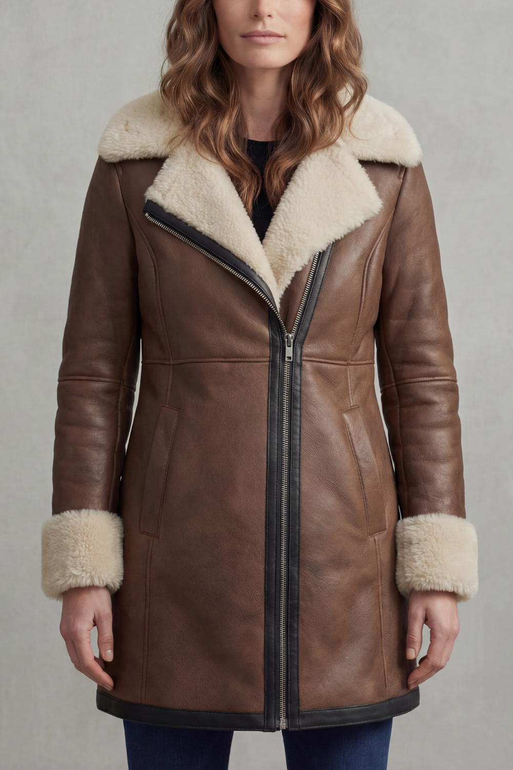 Women's Leather Winter Coat with Shearling Collar – Georgiana