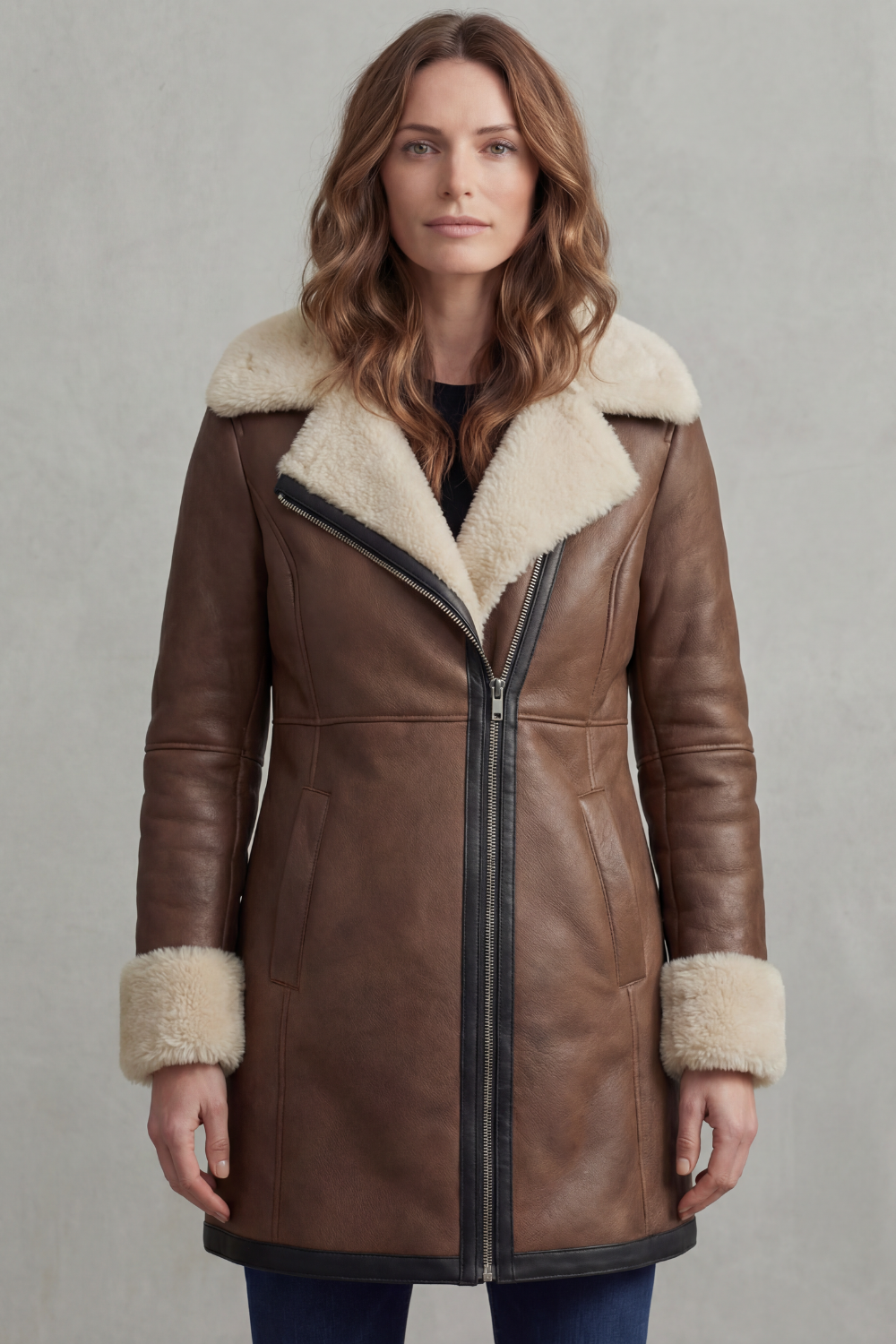Women's Leather Winter Coat with Shearling Collar – Georgiana