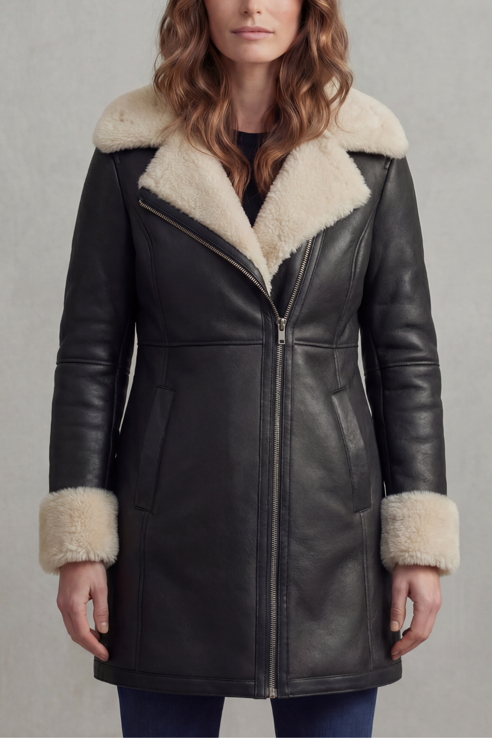 Women's Leather Winter Coat with Shearling Collar – Georgiana