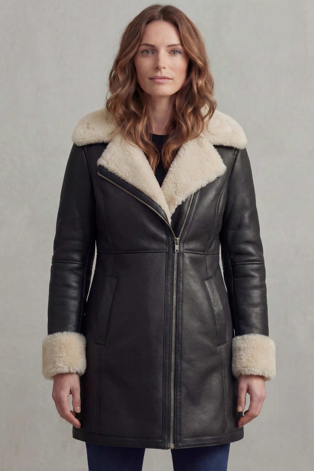 Women's Leather Winter Coat with Shearling Collar – Georgiana