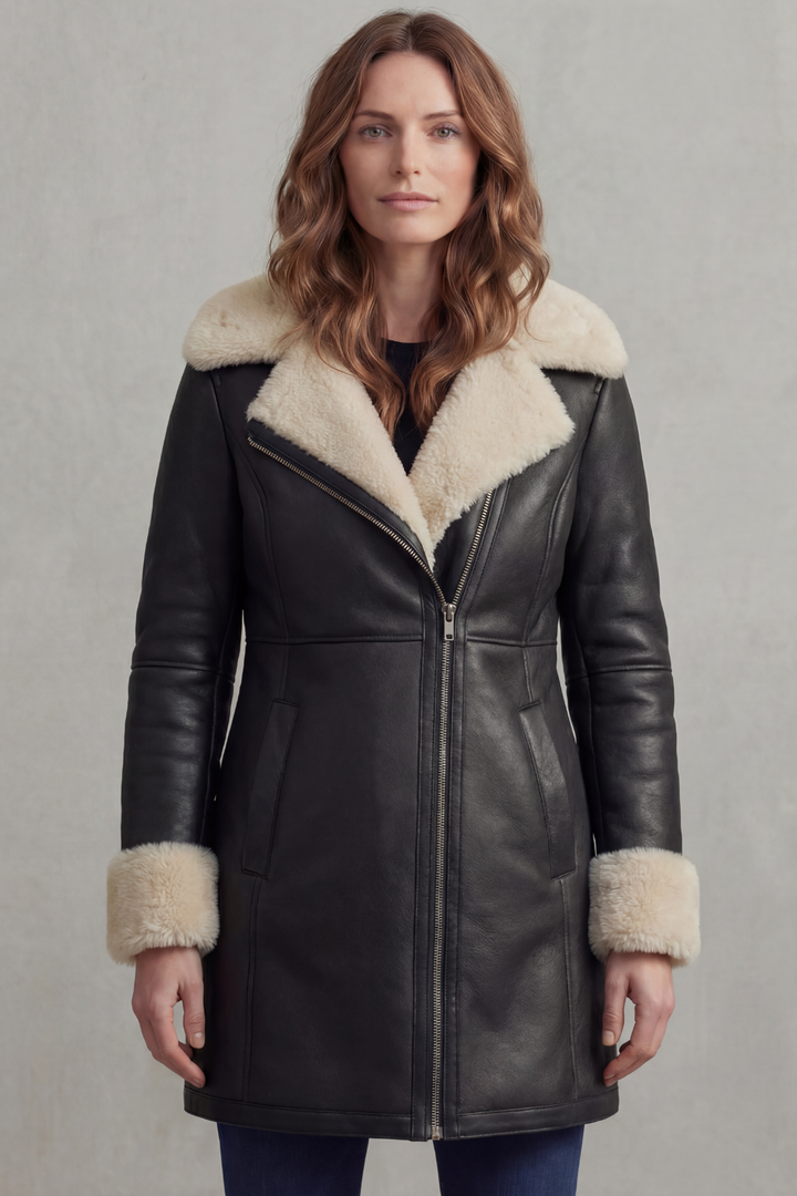 Women's Leather Winter Coat with Shearling Collar – Georgiana