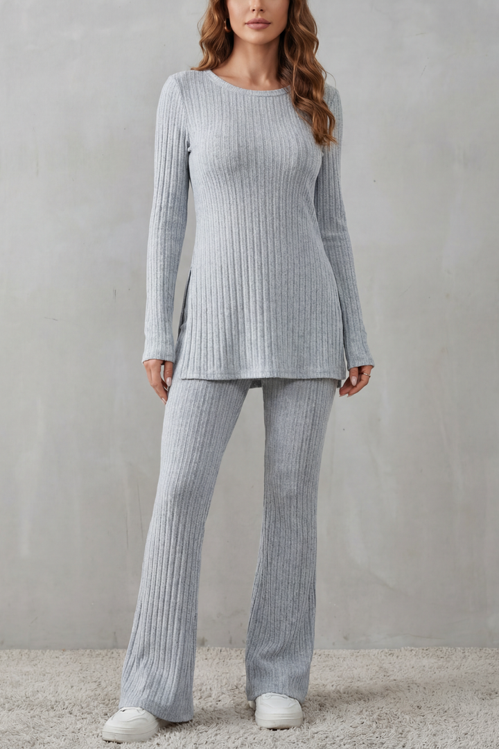 Women's Ribbed Tunic Top and Flared Trouser Co-ord Set - Evrienne