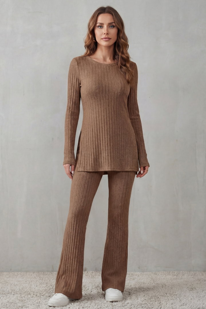 Women's Ribbed Tunic Top and Flared Trouser Co-ord Set - Evrienne