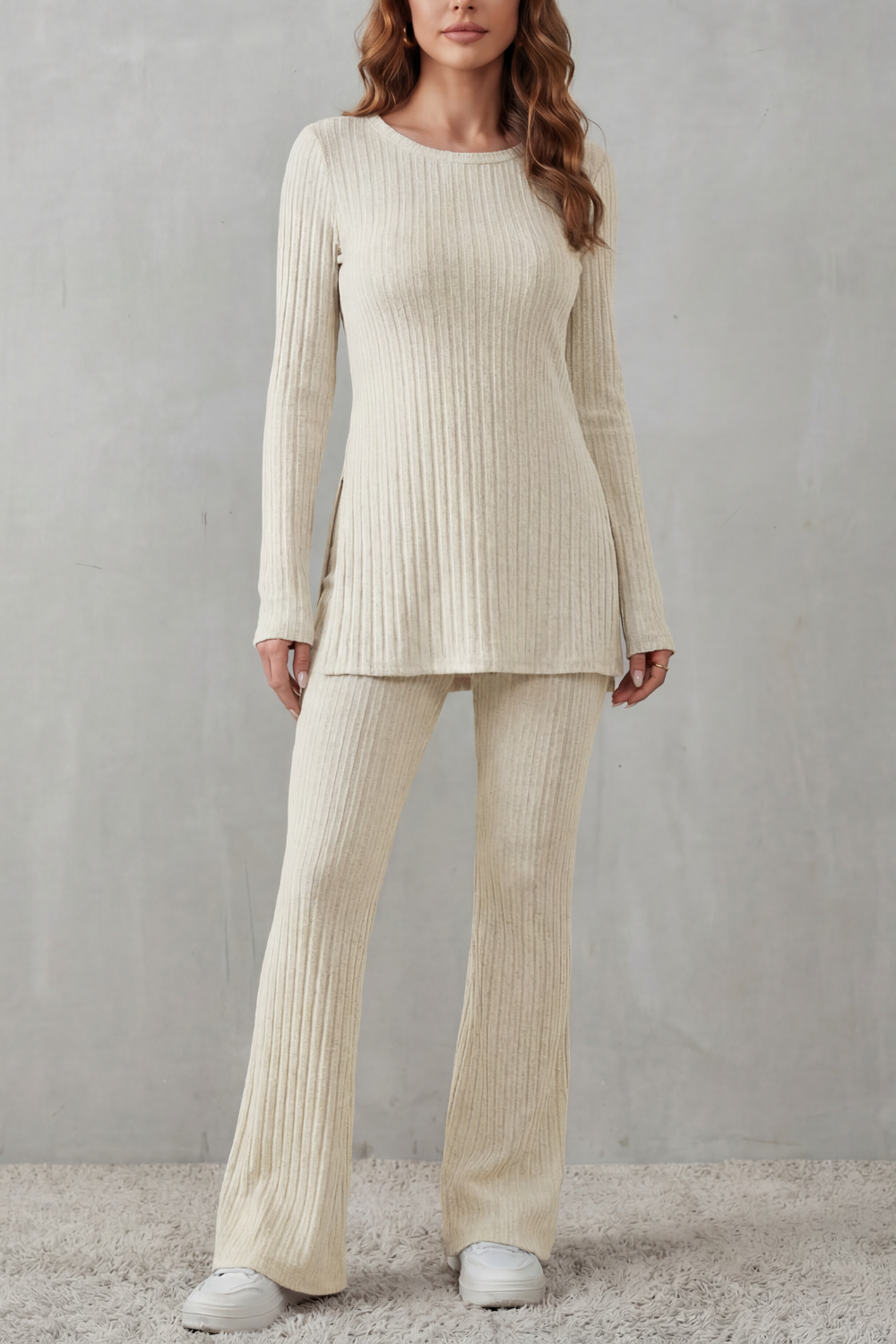 Women's Ribbed Tunic Top and Flared Trouser Co-ord Set - Evrienne