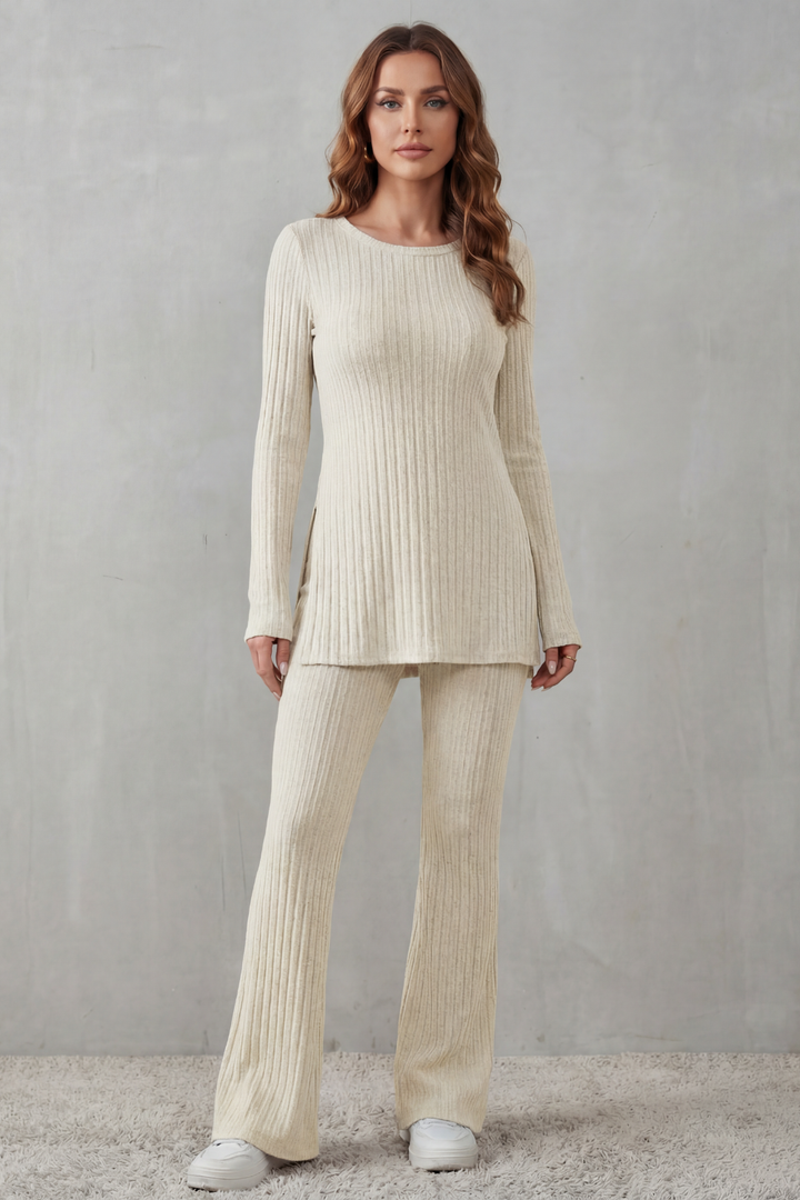 Women's Ribbed Tunic Top and Flared Trouser Co-ord Set - Evrienne