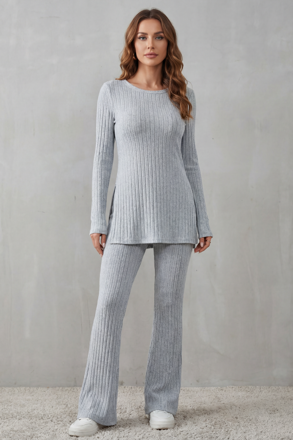 Women's Ribbed Tunic Top and Flared Trouser Co-ord Set - Evrienne