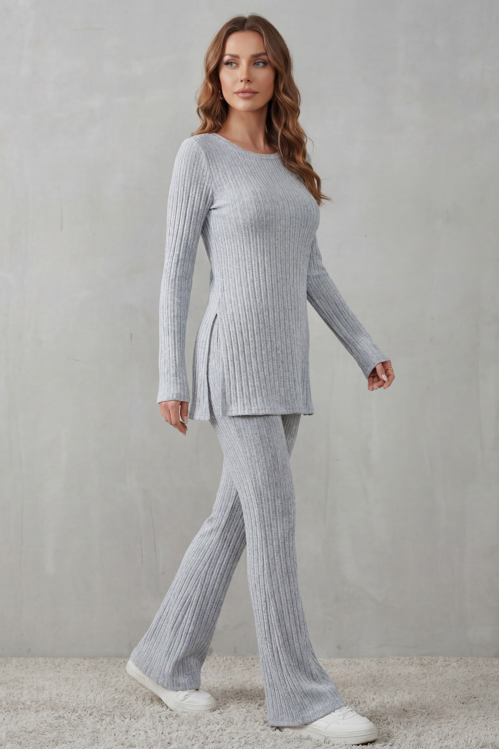 Women's Ribbed Tunic Top and Flared Trouser Co-ord Set - Evrienne