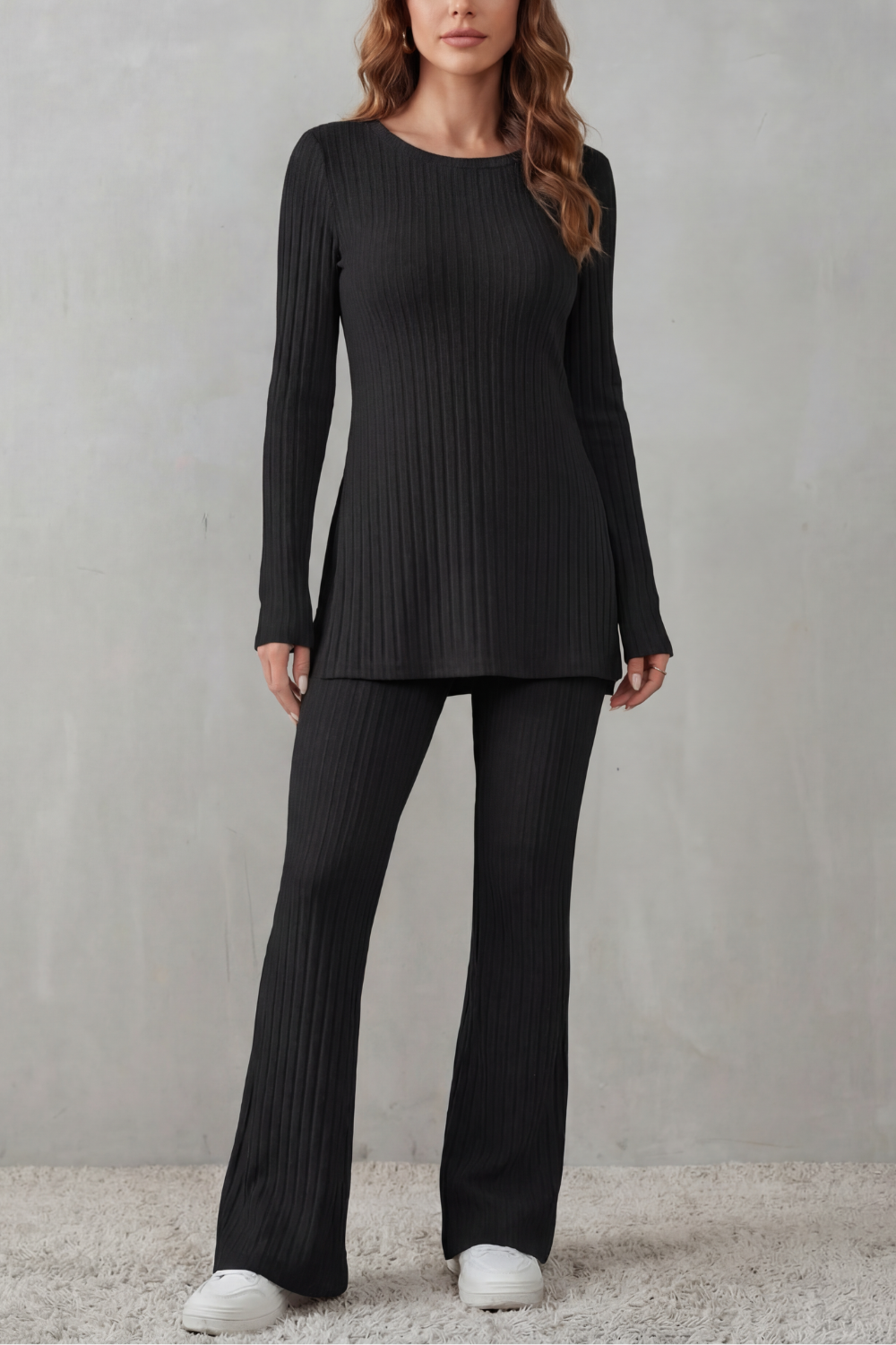 Women's Ribbed Tunic Top and Flared Trouser Co-ord Set - Evrienne