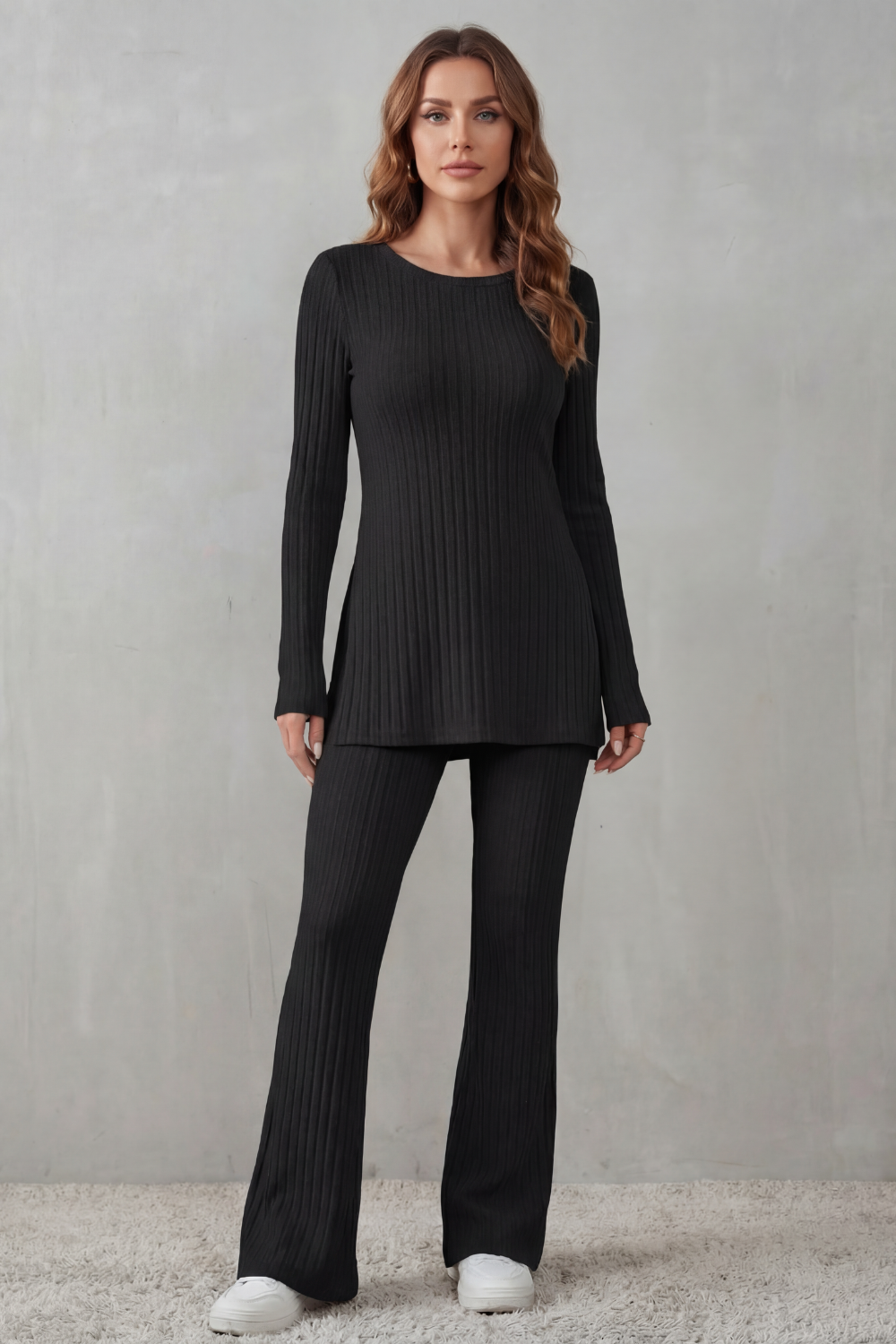 Women's Ribbed Tunic Top and Flared Trouser Co-ord Set - Evrienne