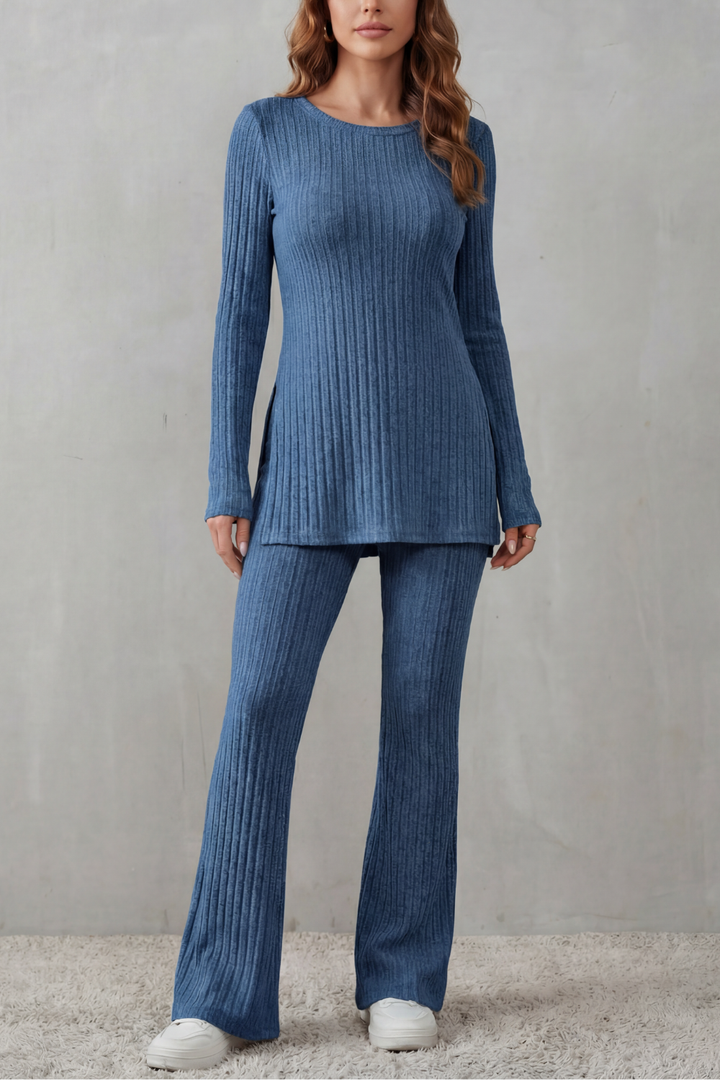 Women's Ribbed Tunic Top and Flared Trouser Co-ord Set - Evrienne