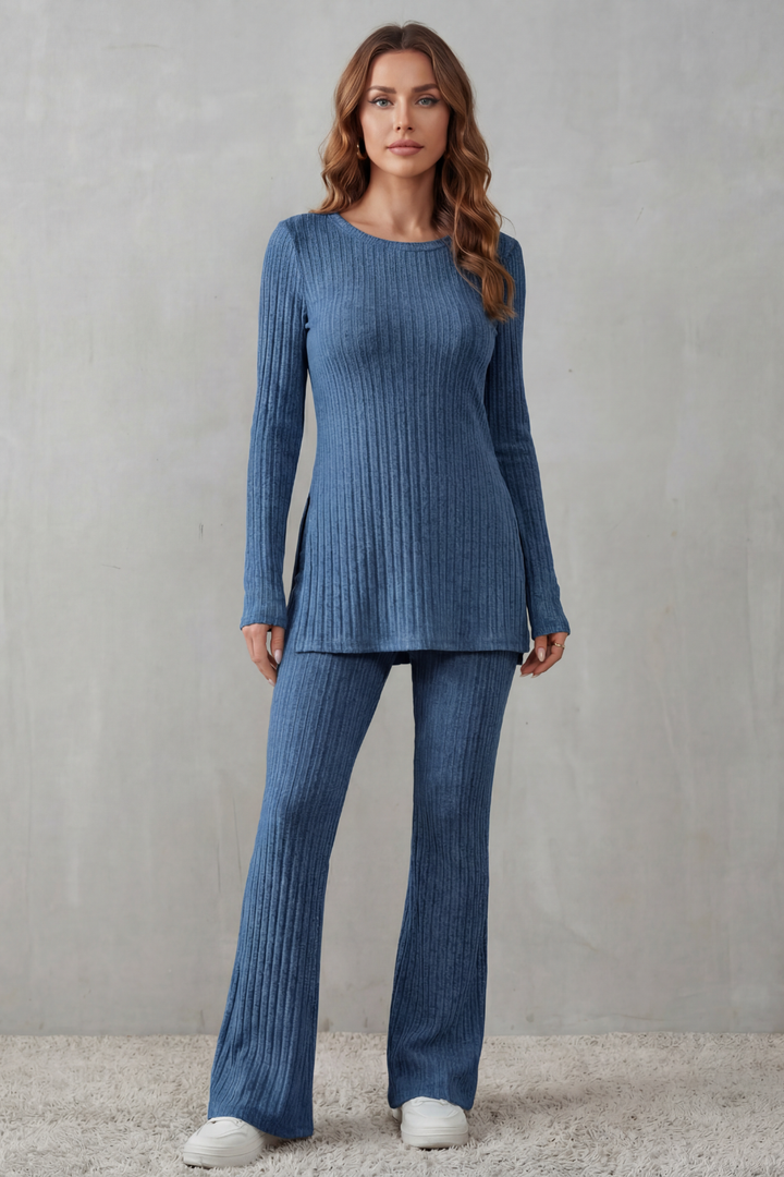 Women's Ribbed Tunic Top and Flared Trouser Co-ord Set - Evrienne