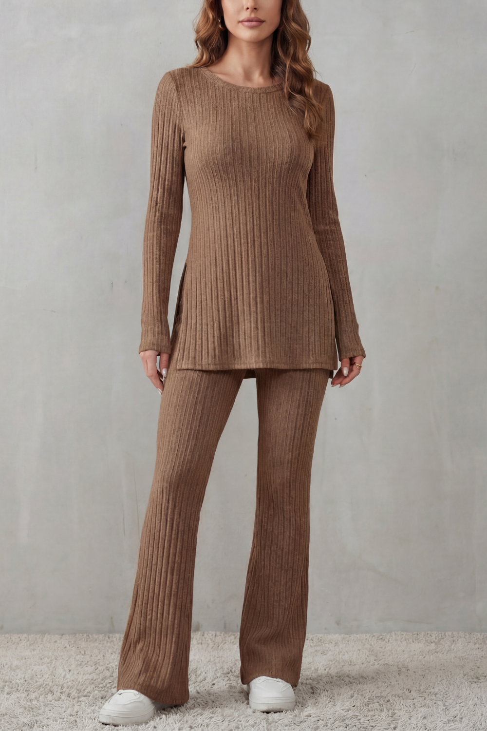Women's Ribbed Tunic Top and Flared Trouser Co-ord Set - Evrienne