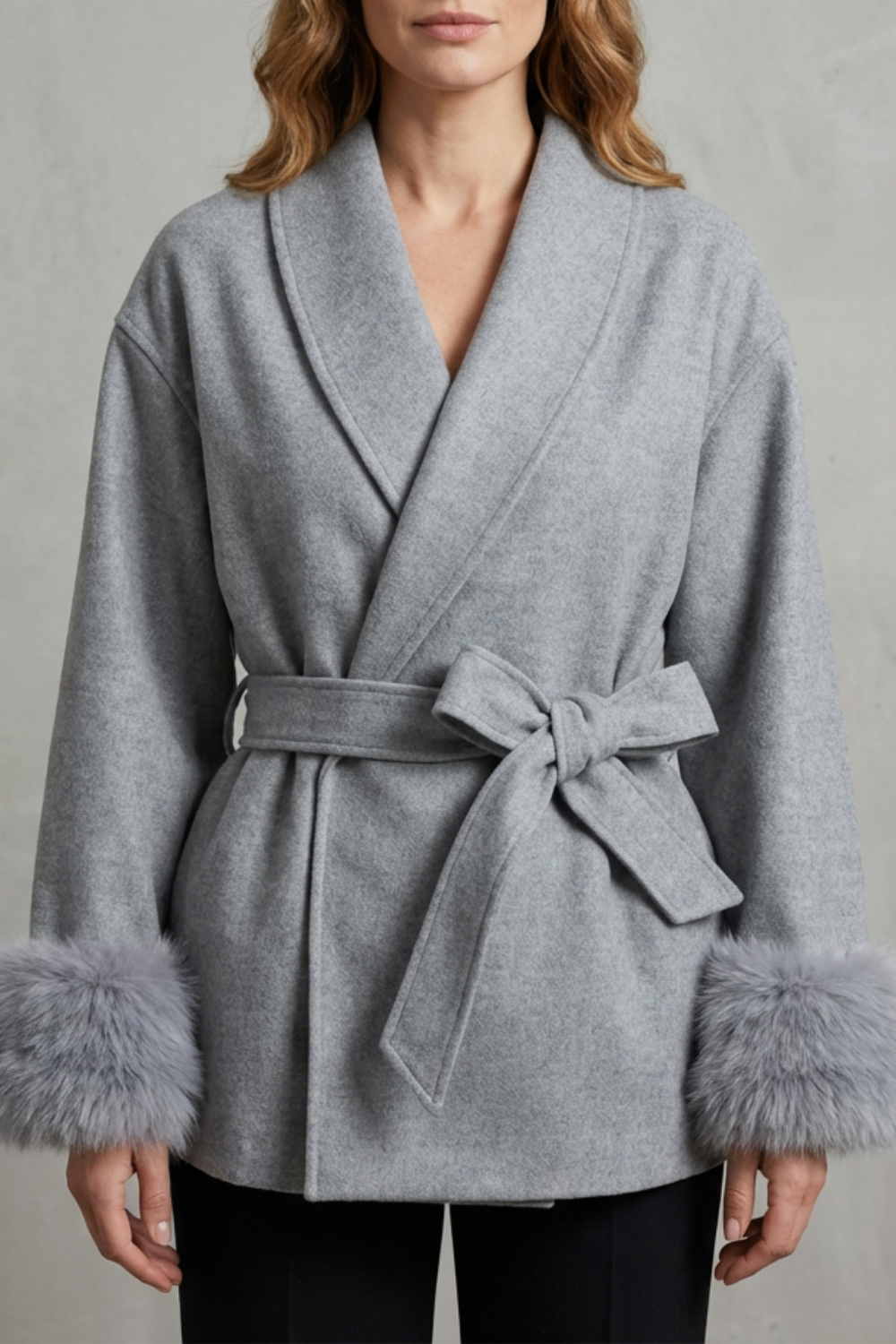 Women's Elegant Wool Coat with Faux Fur Cuffs and Belted Wrap Style – Meredith