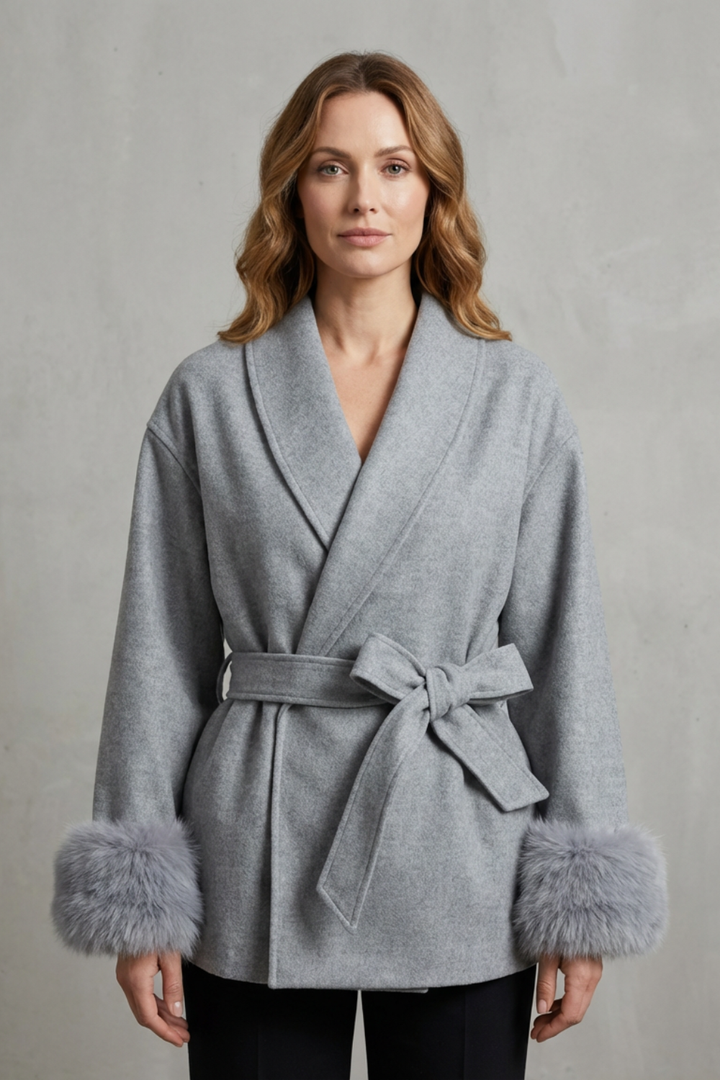 Women's Elegant Wool Coat with Faux Fur Cuffs and Belted Wrap Style – Meredith