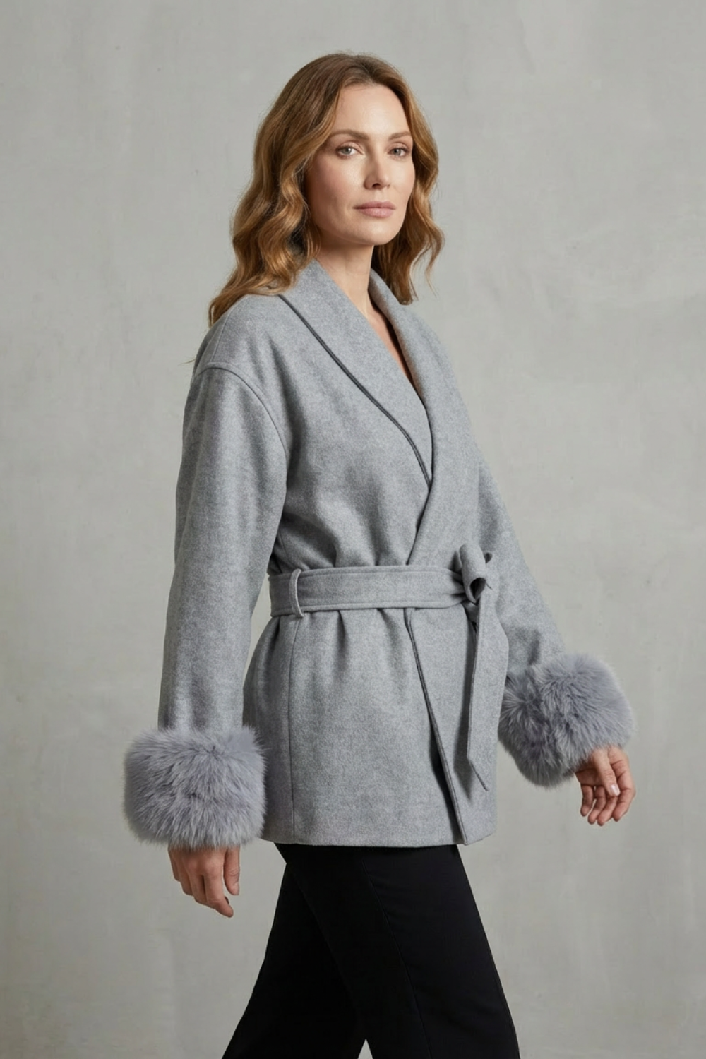 Women's Elegant Wool Coat with Faux Fur Cuffs and Belted Wrap Style – Meredith