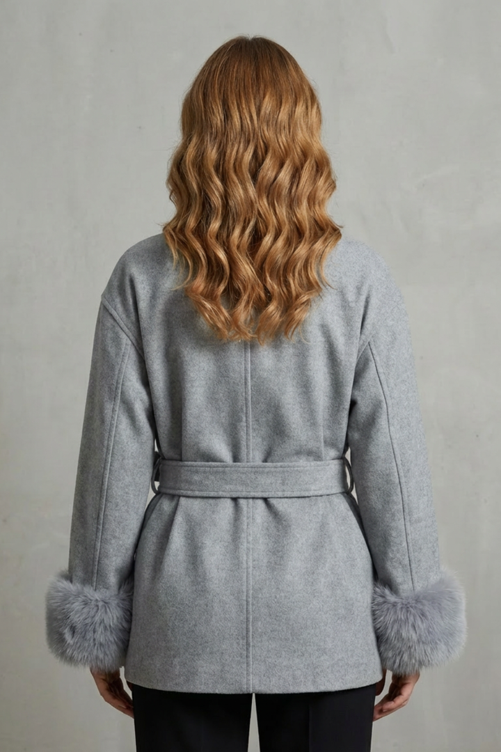 Women's Elegant Wool Coat with Faux Fur Cuffs and Belted Wrap Style – Meredith