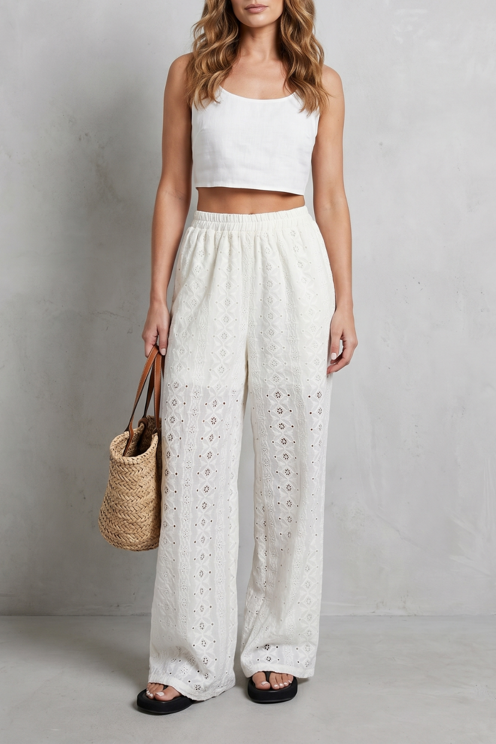 Women's Broderie Anglaise Wide Leg Trousers in White - Orlandine
