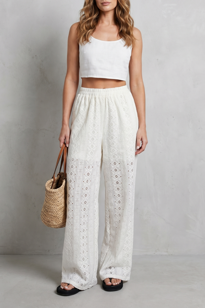 Women's Broderie Anglaise Wide Leg Trousers in White - Orlandine