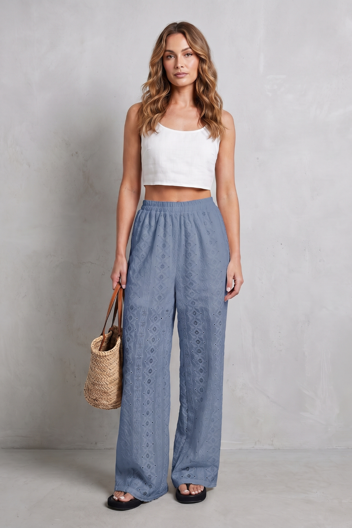 Women's Broderie Anglaise Wide Leg Trousers in White - Orlandine